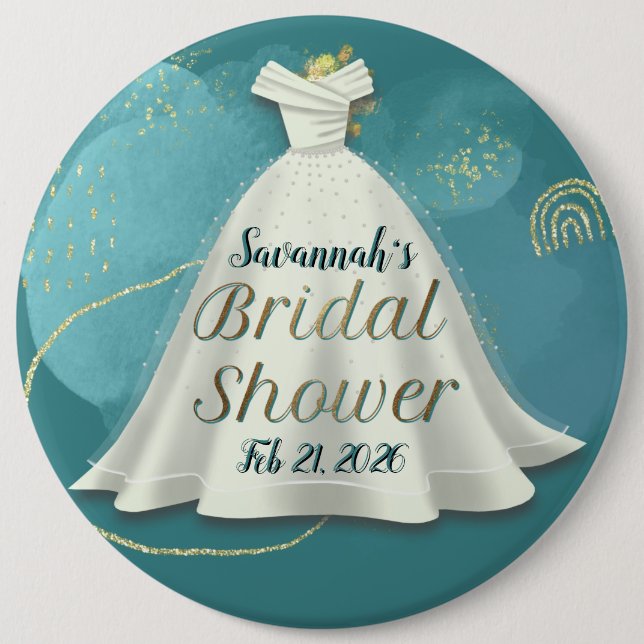 Deep Teal Gold Glitter Wedding Gown Bridal Shower 6 Cm Round Badge (Front)