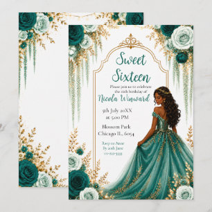 Deep Teal Green and Gold Floral Sweet Sixteen Invitation