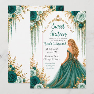 Deep Teal Green and Gold Floral Sweet Sixteen Invitation