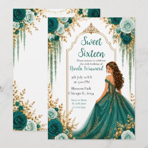 Deep Teal Green and Gold Floral Sweet Sixteen Invitation