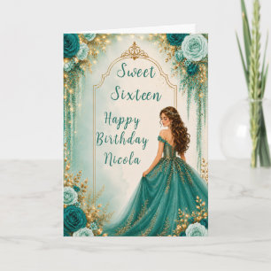 Deep Teal Green Floral Sweet Sixteen Party Card