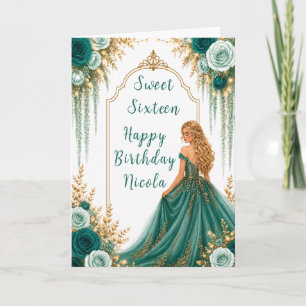 Deep Teal Green Floral Sweet Sixteen Party Card