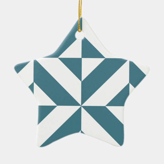 Deep Teal Green Geometric Deco Cube Pattern Ceramic Tree Decoration (Front)