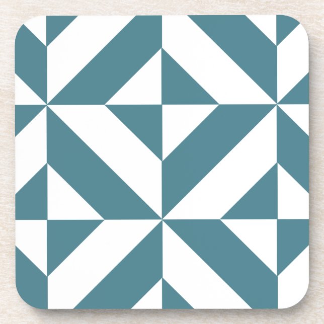 Deep Teal Green Geometric Deco Cube Pattern Coaster (Front)