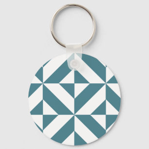 Deep Teal Green Geometric Deco Cube Pattern Key Ring