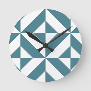 Deep Teal Green Geometric Deco Cube Pattern Round Clock