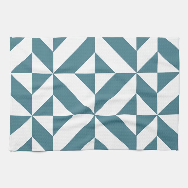 Deep Teal Green Geometric Deco Cube Pattern Tea Towel (Horizontal)