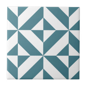 Deep Teal Green Geometric Deco Cube Pattern Tile