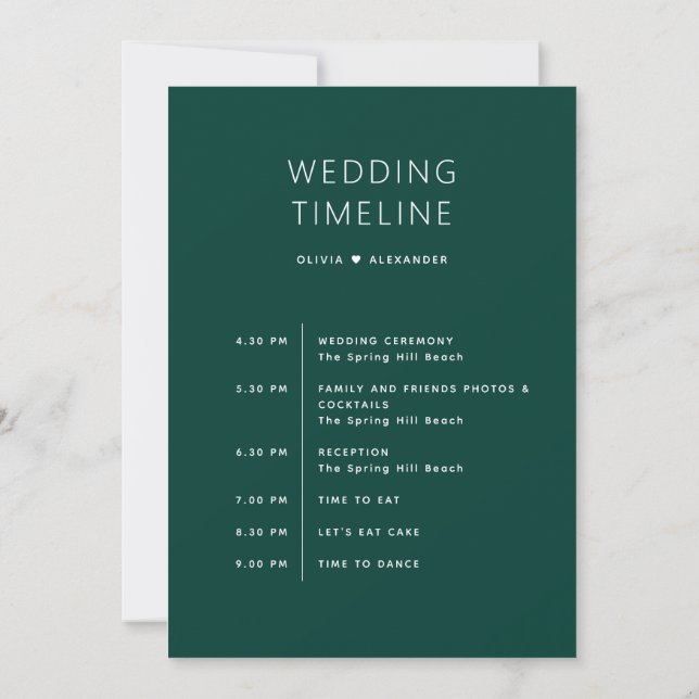 Deep Teal Green Timeline. Forest Wedding Itinerary Invitation (Back)