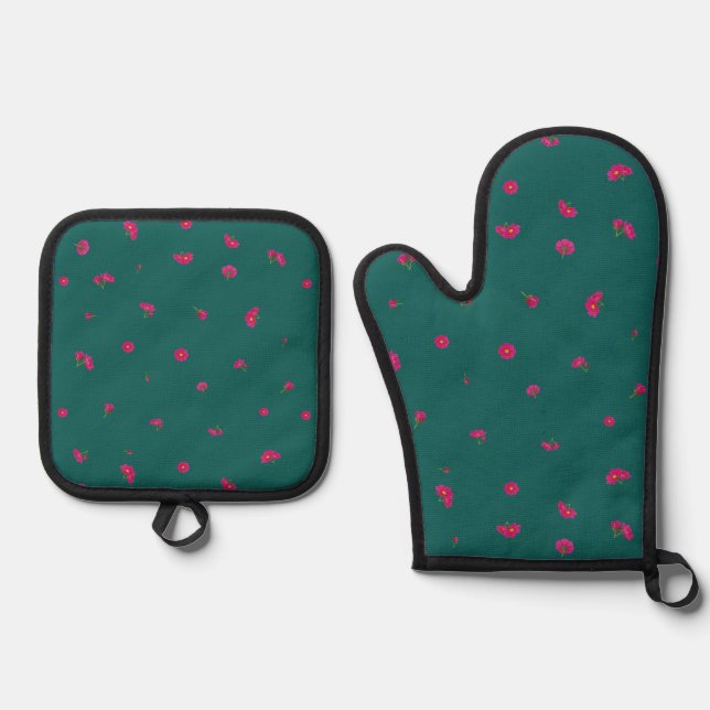 Deep Teal Japanese Deep Pink Cosmos Floral Pattern Oven Mitt & Pot Holder Set (Front)