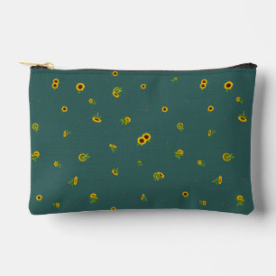Deep Teal Japanese Sunflower Floral Pattern Accessory Pouch