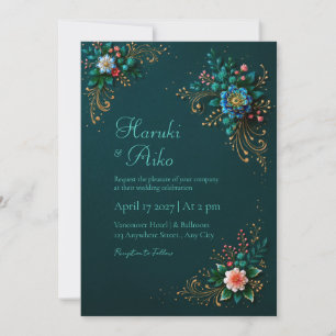 Deep Teal Jewel Floral Wedding Invitation