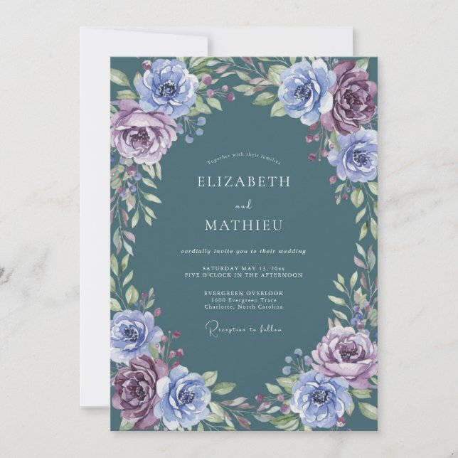 Deep Teal Lavender Floral Wedding Invitation (Front)