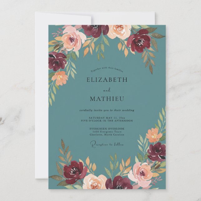 Deep Teal Lush Autumn Wedding Invitation (Front)
