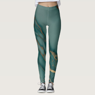 Deep Teal Marble + Gold Veins Luxury Fit Hand Sewn Leggings