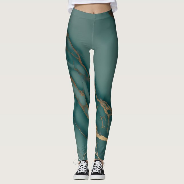 Deep Teal Marble + Gold Veins Luxury Fit Hand Sewn Leggings (Front)