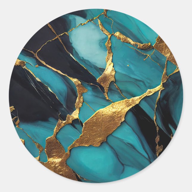 Deep Teal Marble with Bold Gold Veins Classic Round Sticker (Front)