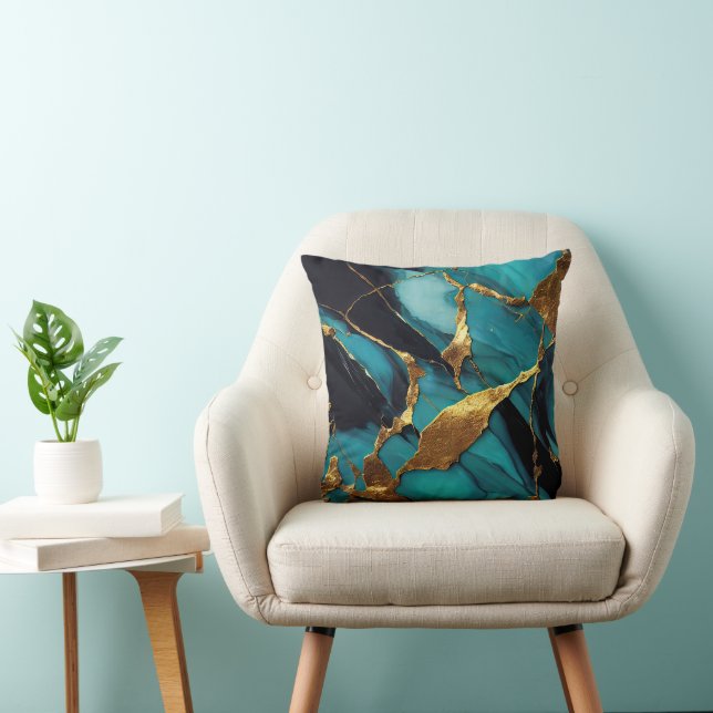 Deep Teal Marble with Bold Gold Veins Cushion (Chair)