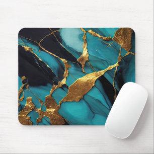 Deep Teal Marble with Bold Gold Veins Mouse Mat