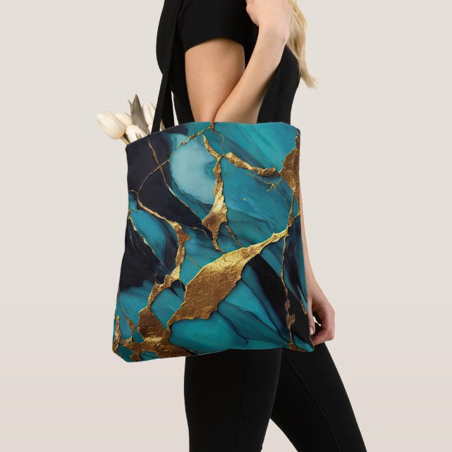 Deep Teal Marble with Bold Gold Veins Tote Bag (Close Up)