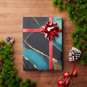 Deep Teal Marble with Bold Gold Veins Wrapping Paper
