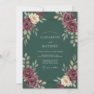 Deep Teal Mauve Leaf Wedding Invitation