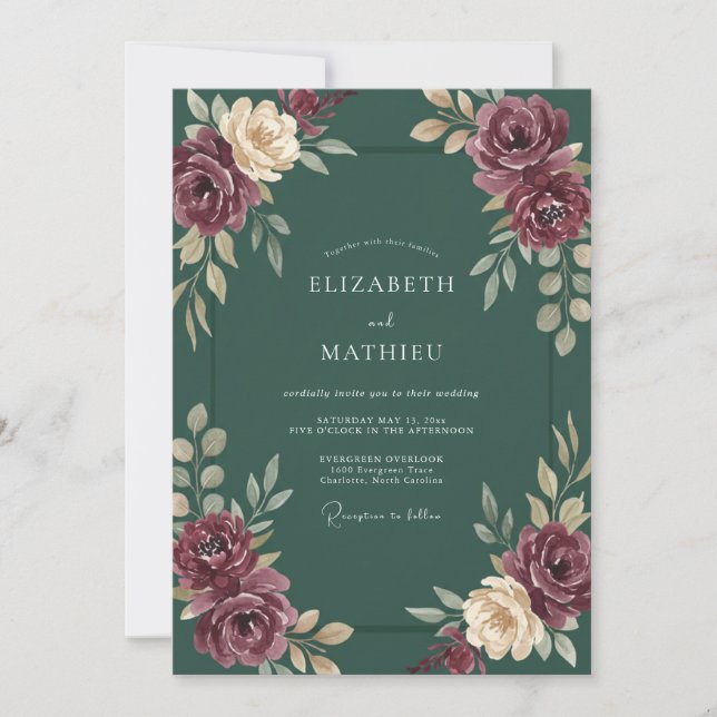 Deep Teal Mauve Leaf Wedding Invitation (Front)