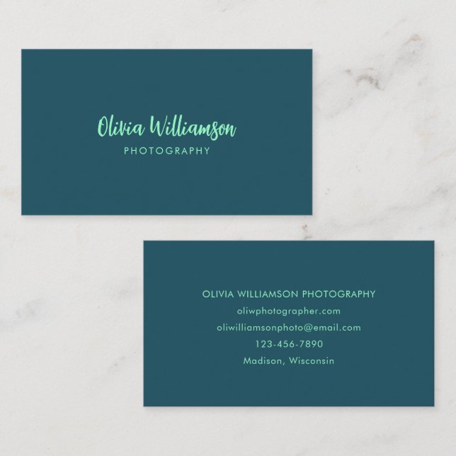 Deep Teal Mint Script Name Minimalist Creative Business Card (Front/Back)