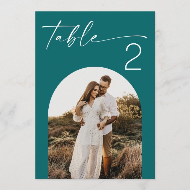 Deep Teal Modern Script Photo Wedding Table Number (Front)