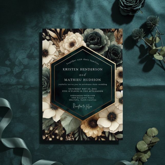 Deep Teal Moody Bloom Wedding Invitation (Creator Uploaded)