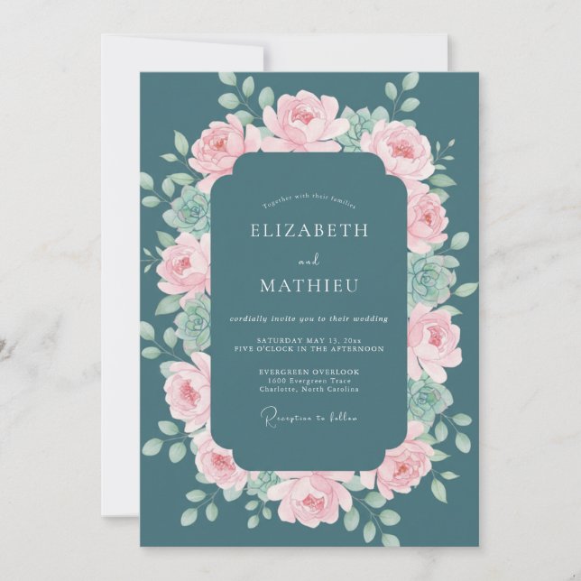 Deep Teal Pink Botanical Wedding Invitation (Front)