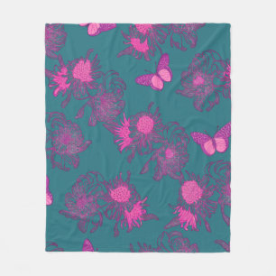 Deep Teal Pink Butterfly Floral Fleece Blanket