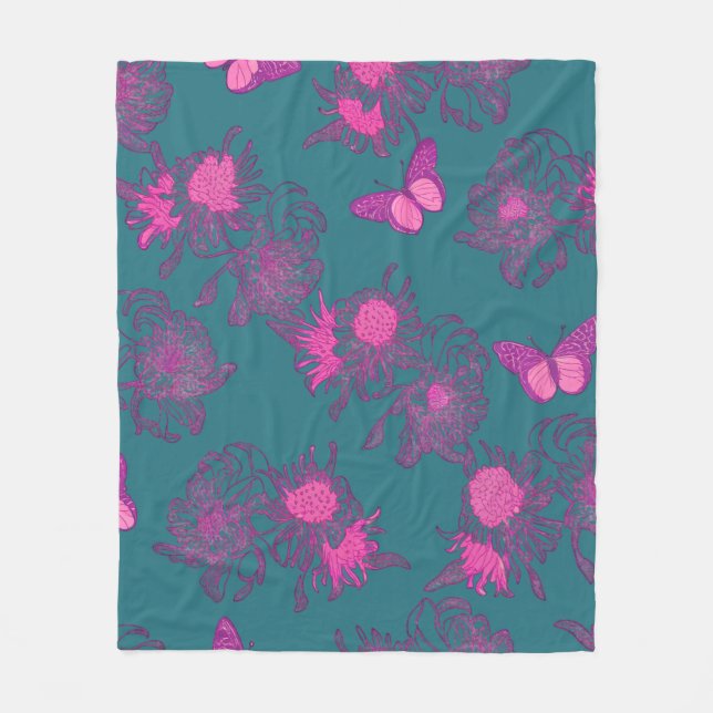 Deep Teal Pink Butterfly Floral Fleece Blanket (Front)