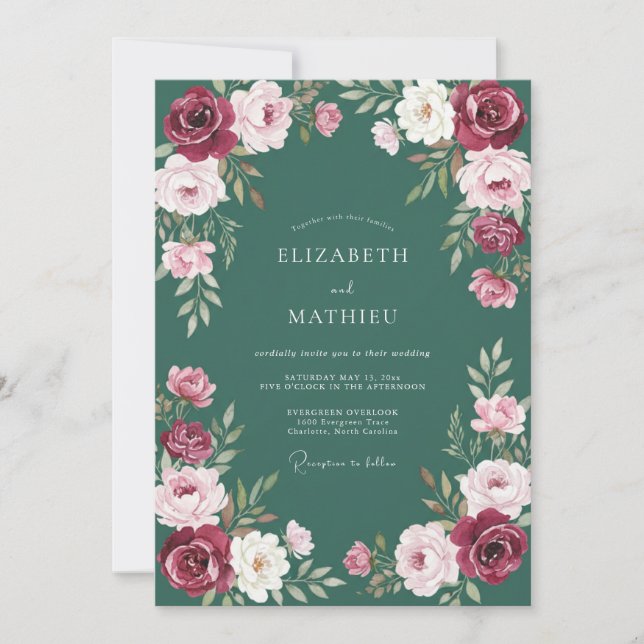 Deep Teal Ranunculus Soft Eucalyptus Wedding Invitation (Front)