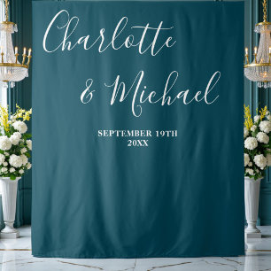 Deep Teal Script Minimalist Wedding Backdrop Tapestry