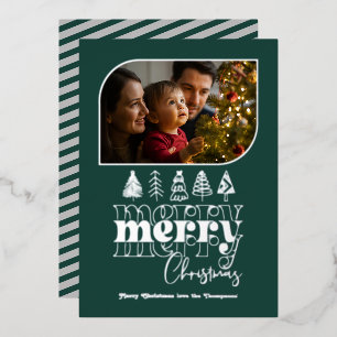 Deep Teal & Silver Retro Doodle Christmas Photo Foil Holiday Card