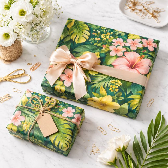 Deep Teal Tropical Hibiscus Floral  Wrapping Paper (Creator Uploaded)