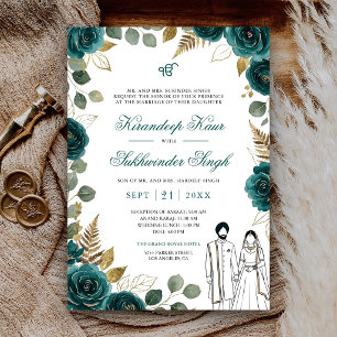 Deep Teal Watercolor Roses Floral Sikh Wedding Invitation