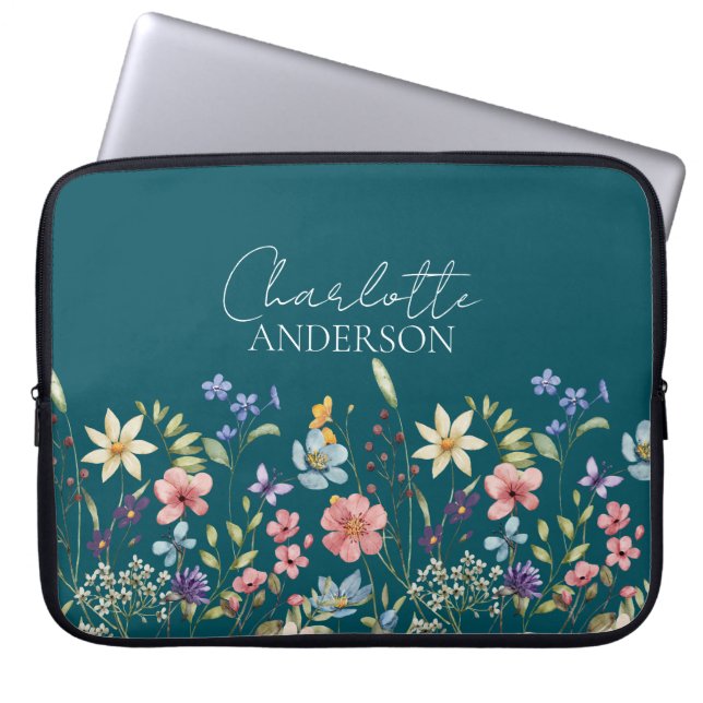 Deep Teal Watercolor Wildflower Name Monogram  Laptop Sleeve (Front)