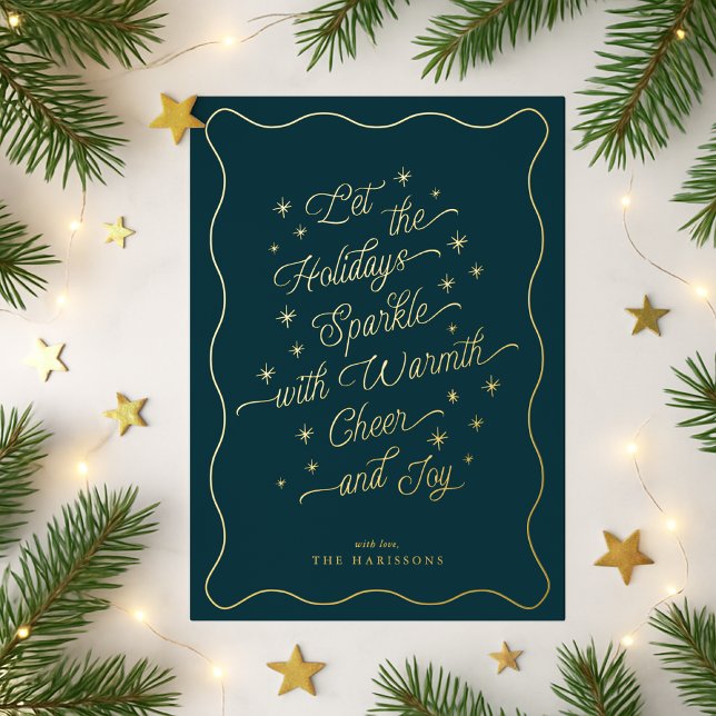 Deep Teal Wavy Border Sparkle Modern Holiday card (Creator Uploaded)