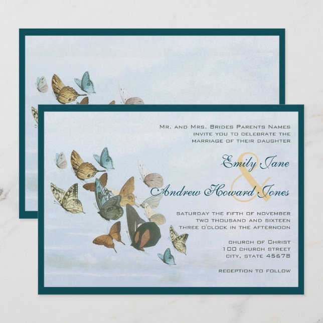 Deep Teal Whimsical Butterfly Wedding Invitation (Front/Back)
