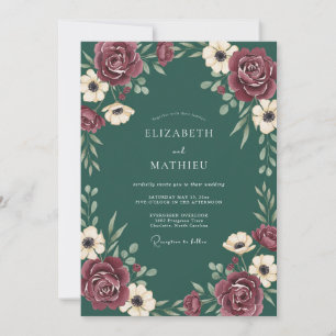 Deep Teal Wine Anemone Wedding Invitation