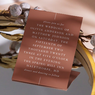 Deep Terracotta Fall Wedding. Rust Clay Typography Invitation