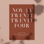 Deep Terracotta Wedding | Fall Minimalist Modern Save The Date<br><div class="desc">Announce your wedding date with warm, modern elegance using this minimalist Save the Date card in deep terracotta (also known as rust clay). The full worded date layout creates a bold, editorial statement, while the simple typography keeps the design clean and timeless. The earthy terracotta tone adds a cosy, sophisticated...</div>