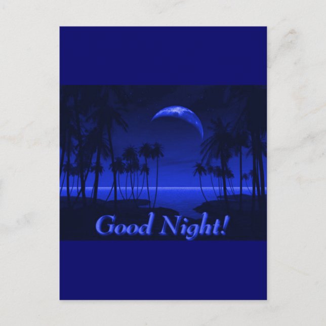 DEEP TROPICAL BLUE GOODNIGHT PALM TREES OCEAN MOON POSTCARD (Front)