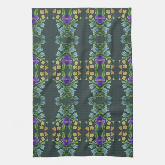 Deep Turquoise Floral Tea Towel (Vertical)