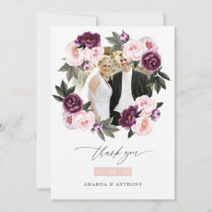 Deep Velvet and Blush Pink Floral Wedding Photo Thank You Card