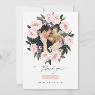 Deep Velvet and Blush Pink Floral Wedding Photo Thank You Card