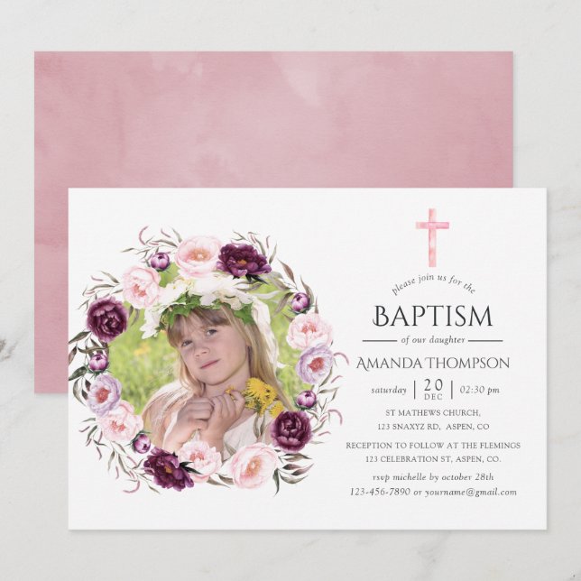 Deep Velvet and Bush Pink Baptism or Christening Invitation (Front/Back)