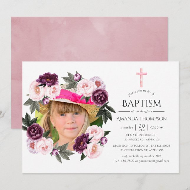 Deep Velvet and Bush Pink Baptism or Christening Invitation (Front/Back)